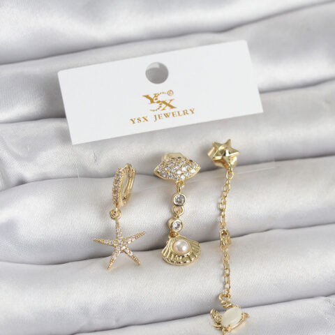 Tegan Pirinç Gold Renk Zirkon Taşlı Deniz Temalı 3’lü Kadın Küpe TG27BKP11703