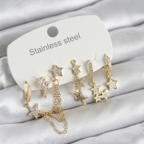 Tegan 316L Çelik Gold Renk 6’lı Set Zincirli Yıldız Modelli Kadın Küpe TG27BKP11748