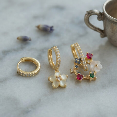 Tegan 3 lü Set Gold Renk Çiçek Model Küpe TG27BKP11964