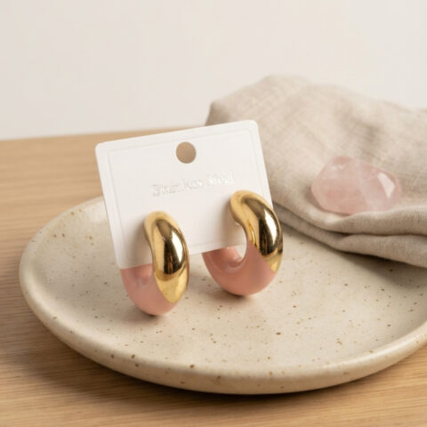 Tegan 316L Çelik Gold Renk Pembe Halka Model Kadın Küpe TG27BKP12032