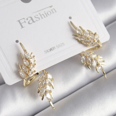 Tegan Pirinç Gold Renk Zirkon Taşlı Yaprak Model Kadın Küpe TG27BKP9945