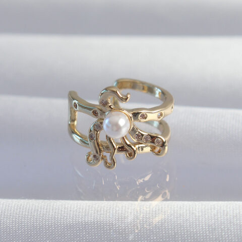 Tegan Pirinç Gold Renk İncili Ahtapot Earcuff Küpe TG27BKP9333
