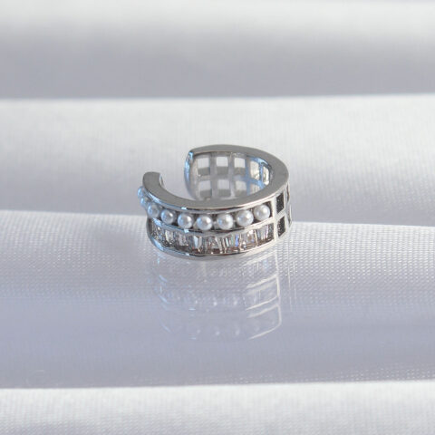 Tegan Pirinç Gümüş Renk İncili Baget Taşlı Earcuff Küpe TG27BKP9338