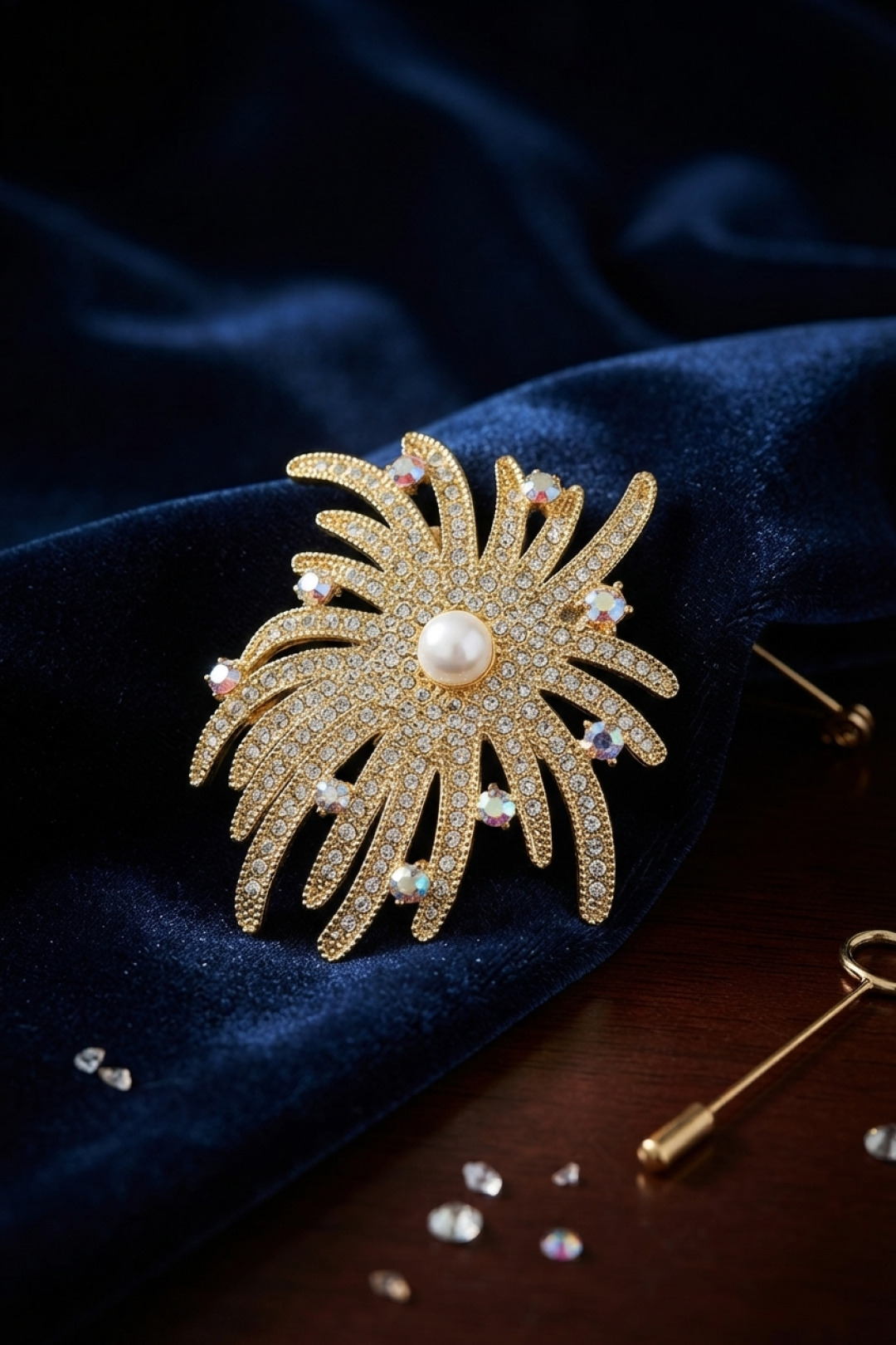 Tegan Zirkon Taşlı Gold Renk İnci Detaylı Broş TG27BR504