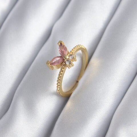 Tegan Gold Renk Pembe Zirkon Taşlı Kelebek Model Kadın Yüzük TG27BYK2842