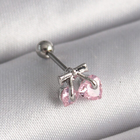 Tegan 316L Çelik Gümüş Renk Pembe Zirkon Taşlı Kalp Tragus Piercing TG27PR1235