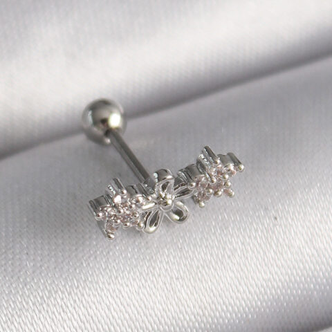 Tegan 316L Çelik Gümüş Renk Zirkon Taşlı Çiçek Tragus Piercing TG27PR1277