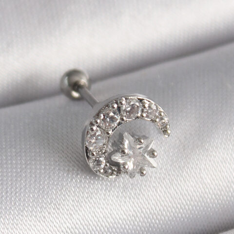 Tegan 316L Çelik Gümüş Renk Zirkon Taşlı Ay Yıldız Tragus Piercing TG27PR1257