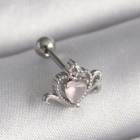 Tegan 316L Çelik Gümüş Renk Pembe Mineli Kalp Zirkon Taş Detay Tragus Piercing TG27PR1261