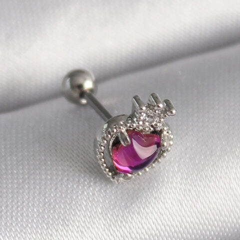 Tegan 316L Çelik Gümüş Renk Pembe Mineli Kalp Zirkon Taş Detaylı Taç Tragus Piercing TG27PR1263