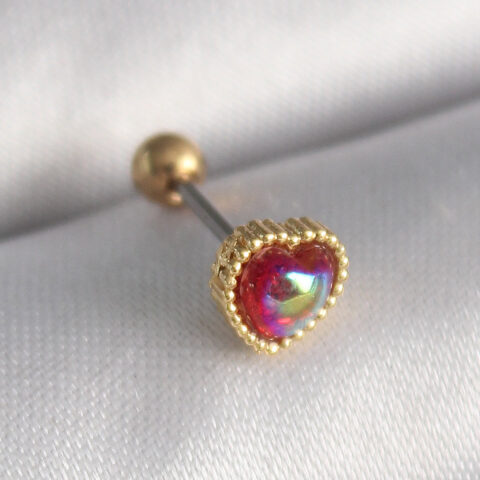 Tegan 316L Çelik Gold Renk Kırmızı Mineli Kalp Tragus Piercing TG27PR1266