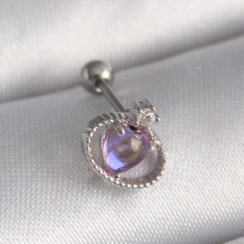 Tegan 316L Çelik Gümüş Renk Mor Mineli Kalp Zirkon Taş Detay Tragus Piercing TG27PR1273