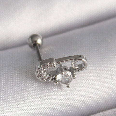 Tegan 316L Çelik Gümüş Renk Zirkon Taşlı Toplu İğne Tragus Piercing TG27PR1275