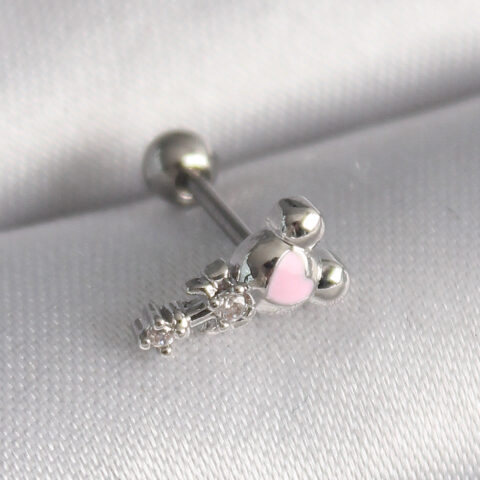 Tegan 316L Çelik Gümüş Renk Zirkon Taş Detay Pembe Kalp İşleme Tragus Piercing TG27PR1281