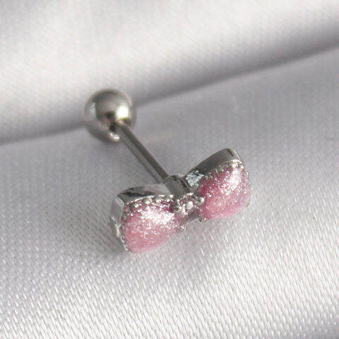 Tegan 316L Çelik Gümüş Renk Pembe Kurdele Zirkon Taş Detay Tragus Piercing TG27PR1295